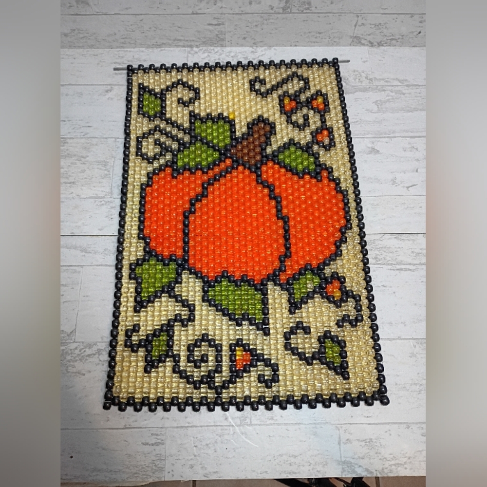 Vintage Handmade Stained Glass Fall Pumpkin Beaded Banner